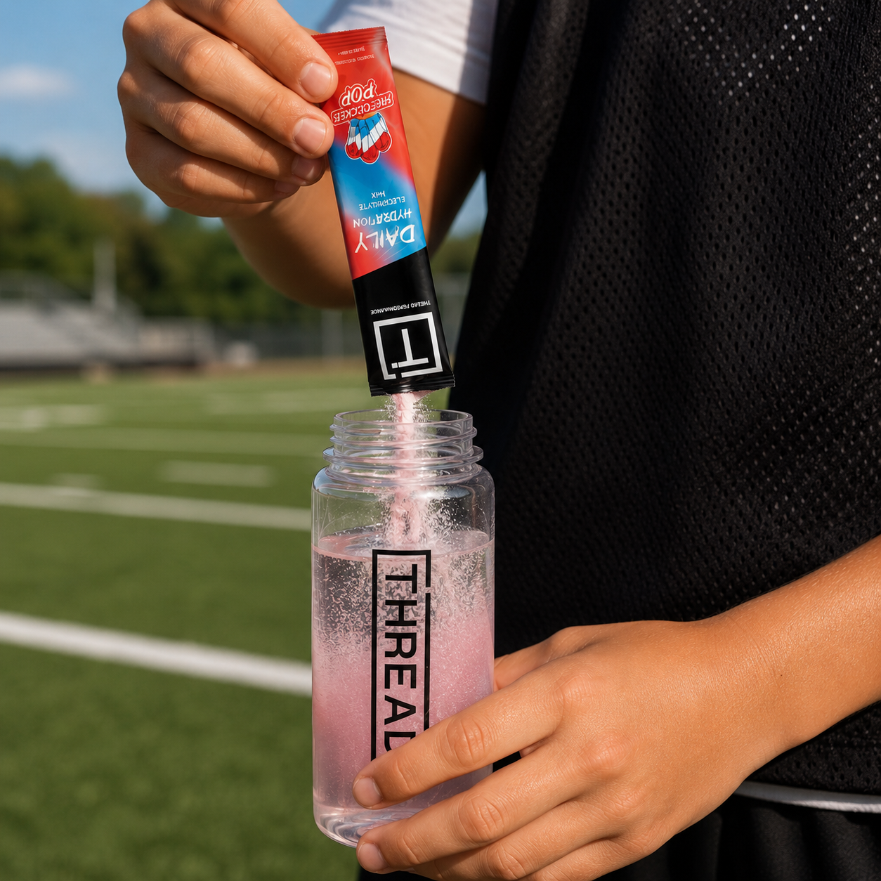 Athlete pouring a Fire Cracker Pop stick pack into a Thread bottle